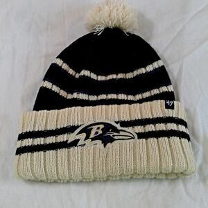 Baltimore Ravens '47 Black/Cream Cuffed Beanie/Winter Hat Pom Stripes Logo NFL